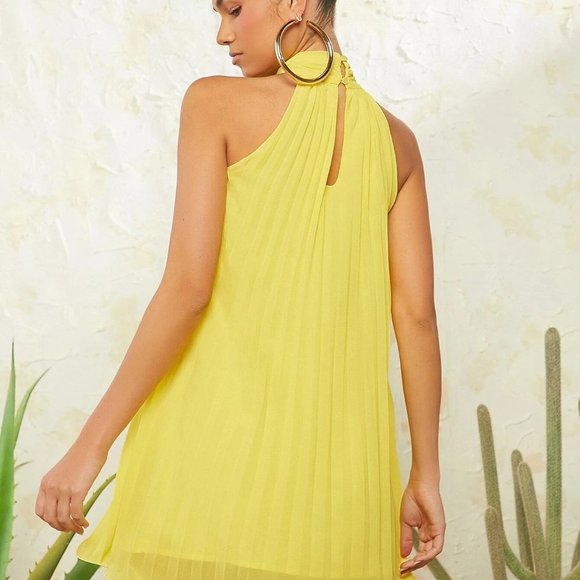 Yellow Casual Womens Pleated Halter Dress - Picture 2 of 5